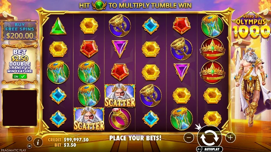 Scatter sembolleri ve tumble turu Gates of Olympus zemininde iki Zeus Scatter sembolü ve tumble kazancını çarpan yeşil küre uyarısı